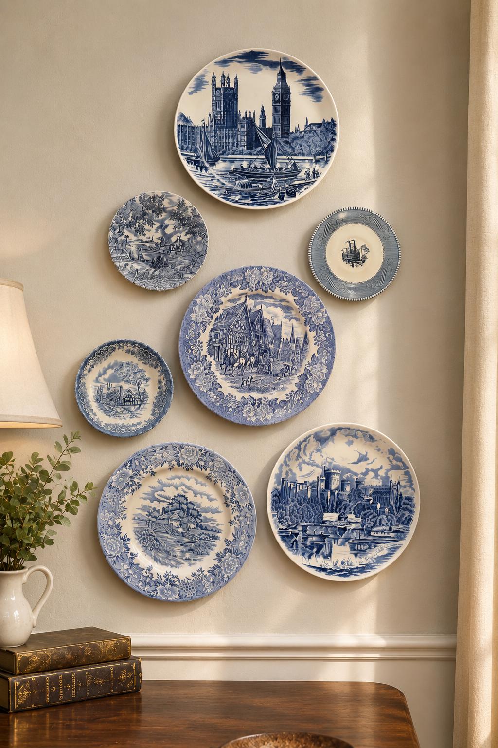 Vintage Blue & White Transferware Plates – English Countryside Scenes, Set of 7