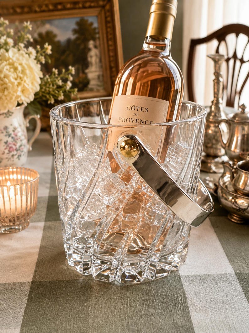 May include: A clear, faceted glass ice bucket with a polished silver-tone metal handle, containing a bottle of C&ocirc;tes de Provence ros&eacute; wine nestled among clear ice cubes. The bucket features a distinct spiral pattern etched into the glass.