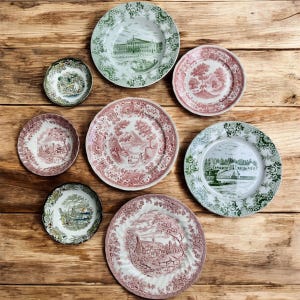 Vintage Red Green Transferware Plate Set: Eclectic Cottagecore Wall Gallery bild 2