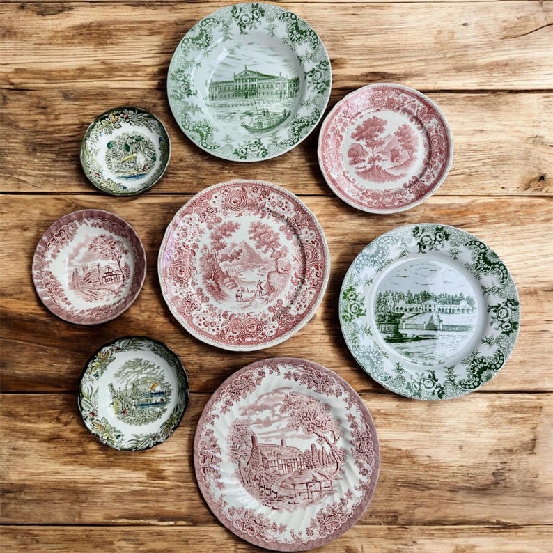 Vintage Red Green Transferware Plate Set: Eclectic Cottagecore Wall Gallery bild 2