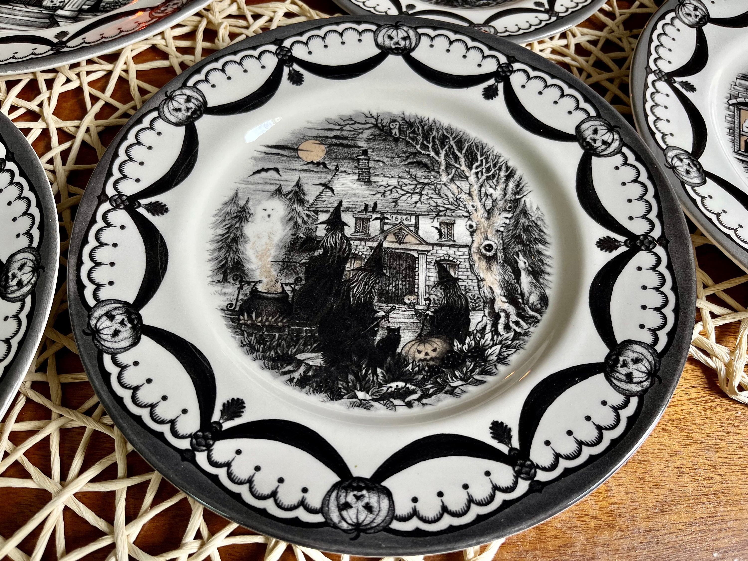 Royal Stafford Halloween Dinner Plates: Wicked Witches Coven Transferware (Set of 4)