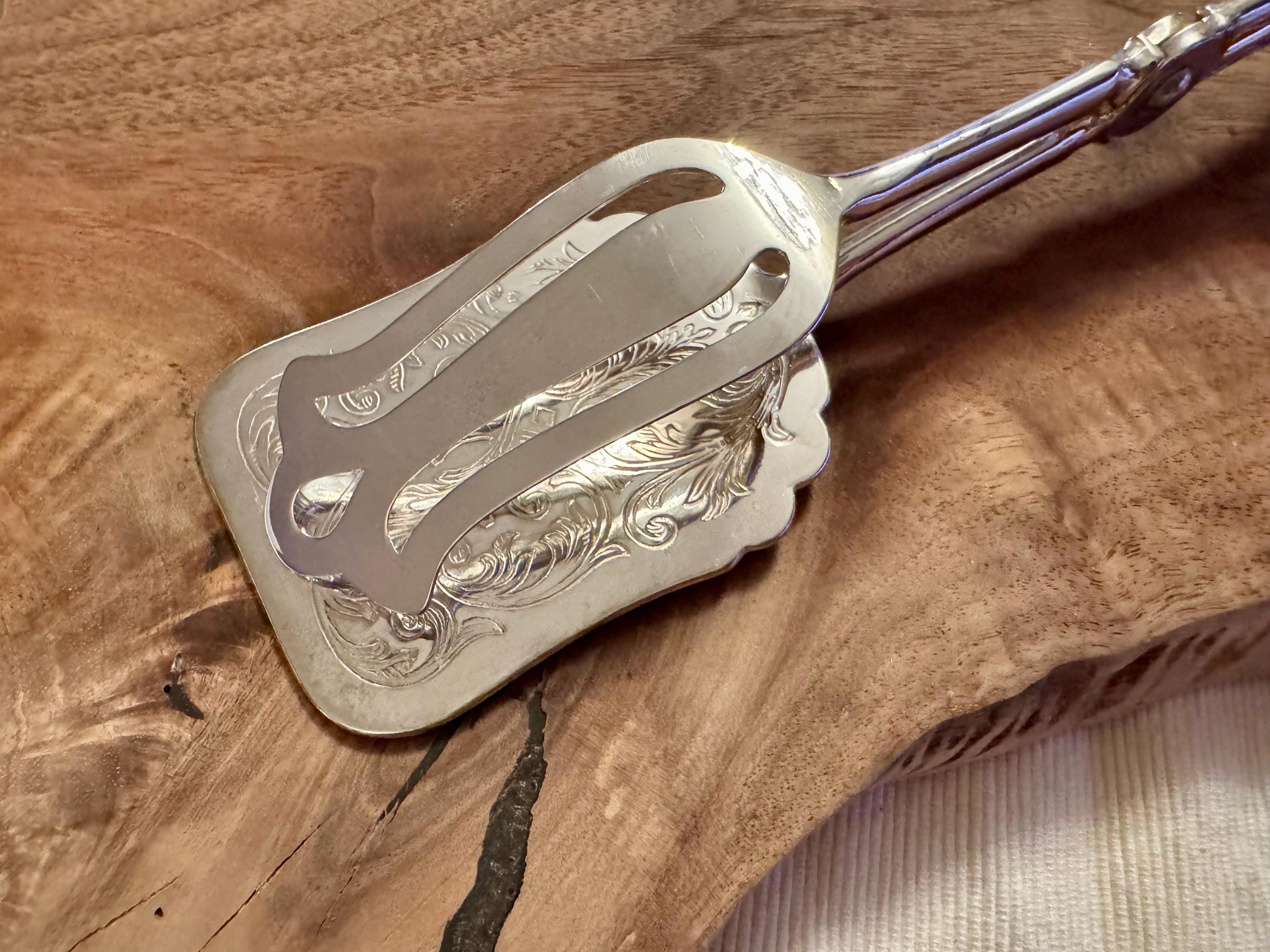 Vintage Silver Plated Scissors-Style Serving Tongs - Engraved Design