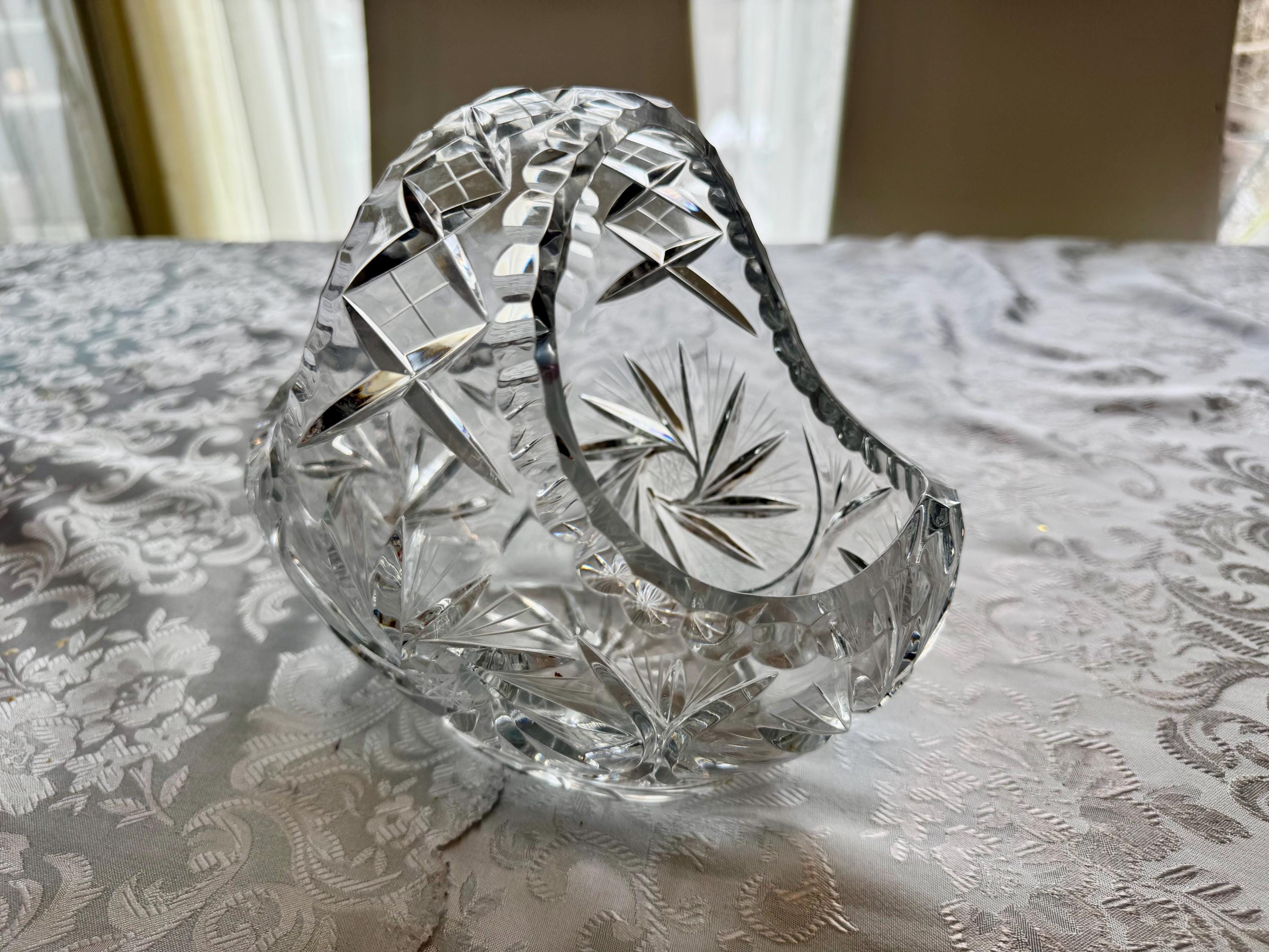 Vintage Heavy Cut Crystal Basket with Handle – Pinwheel & Starburst Pattern, Candy Dish, Wedding Centerpiece, Choose Your Favorite