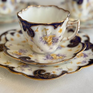 Antique Royal Style Tea Trio – Cobalt Gold & Violets Bone China Set Single Trio