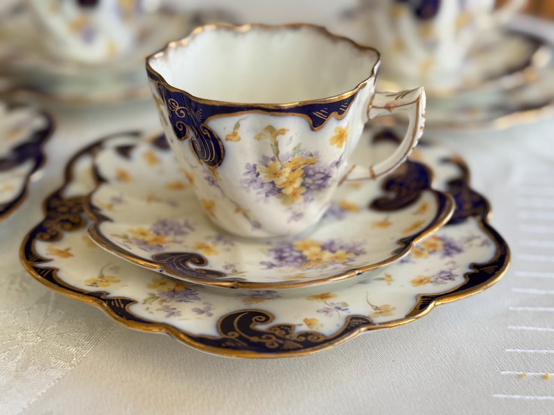 Antique Royal Style Tea Trio – Cobalt Gold & Violets Bone China Set Single Trio