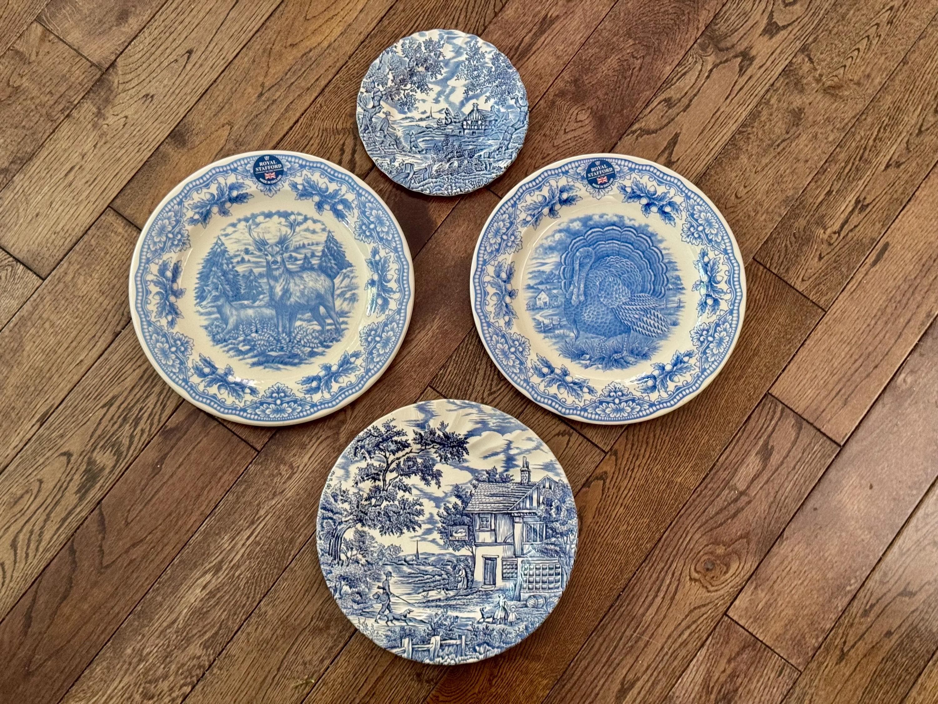 Vintage Blue & White Transferware Plate Set – English Countryside Scenes, Set of 4