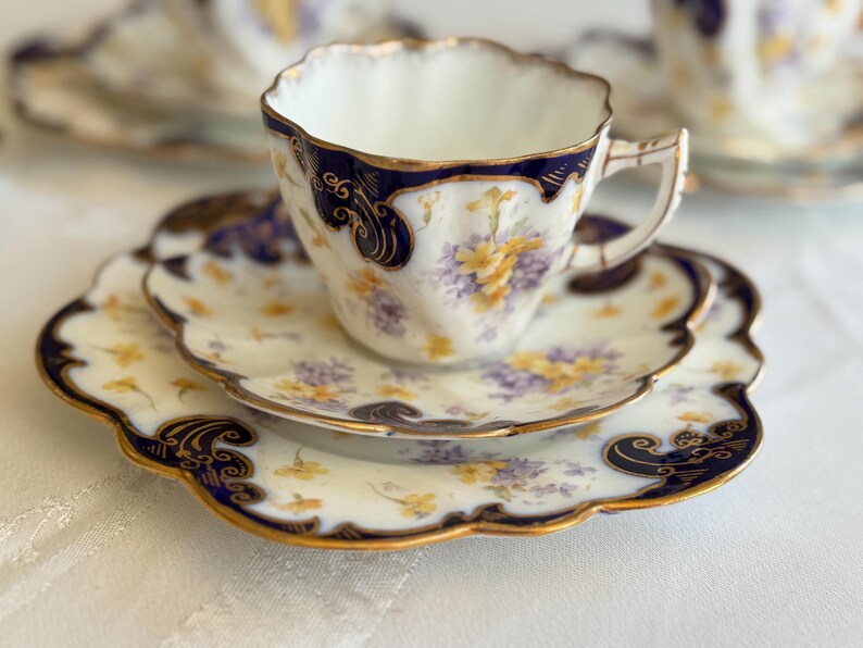 Antique Royal Style Tea Trio – Cobalt Gold & Violets Bone China Set image 13