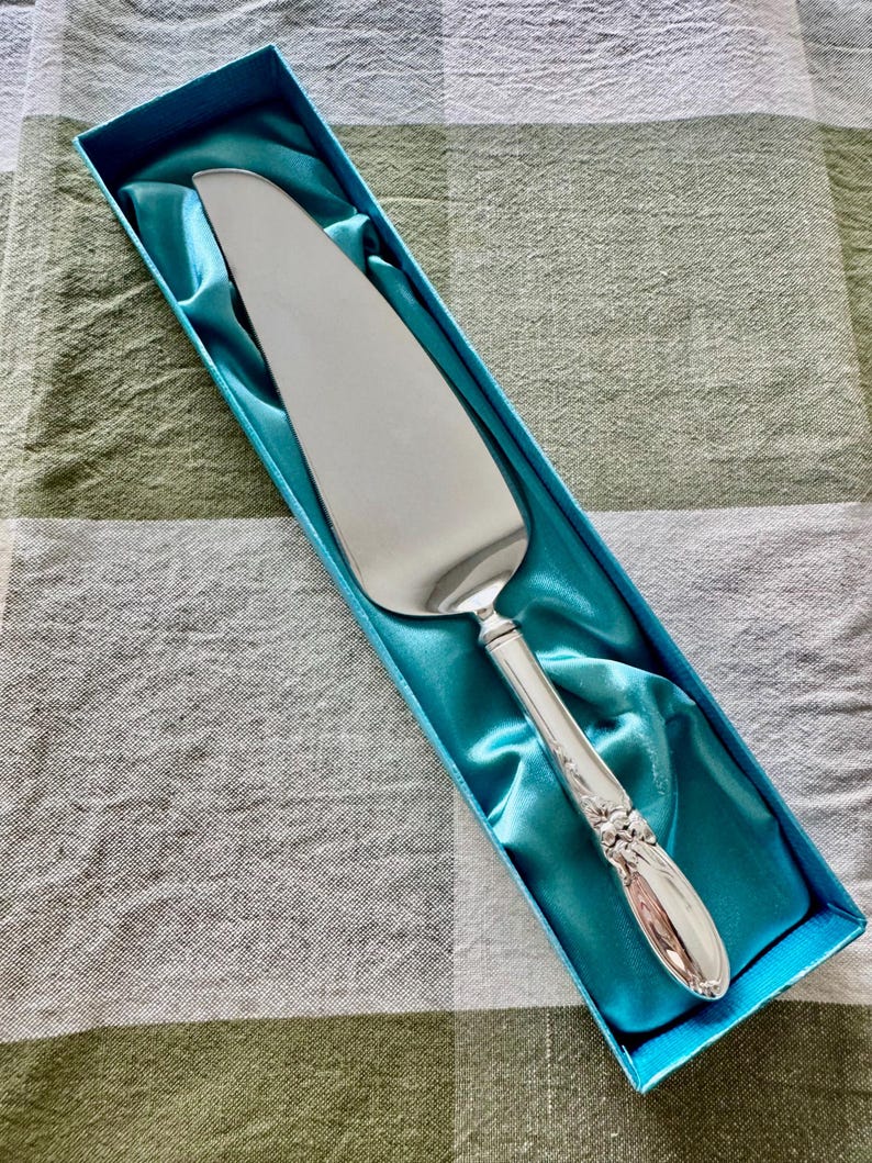 Op de afbeelding: Een zilveren taartschep met een decoratief handvat, gepresenteerd in een blauwe geschenkdoos gevoerd met satijnen stof. De schep heeft een breed, plat lemmet en sierlijke details op het handvat. De doos is rechthoekig.