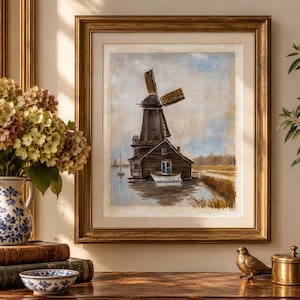 May include: A framed oil painting depicting a dark wooden windmill situated by a body of water with a small white boat moored nearby. The scene features a pale blue sky and golden-brown reeds along the bank, all enclosed in a gold frame.