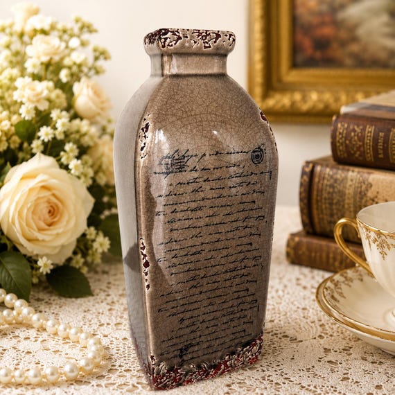 Vintage Rustic Crackle Glaze Ceramic Bottle Vase / Farmhouse Script Decor / Cottagecore Neutral Accent Piece 12”