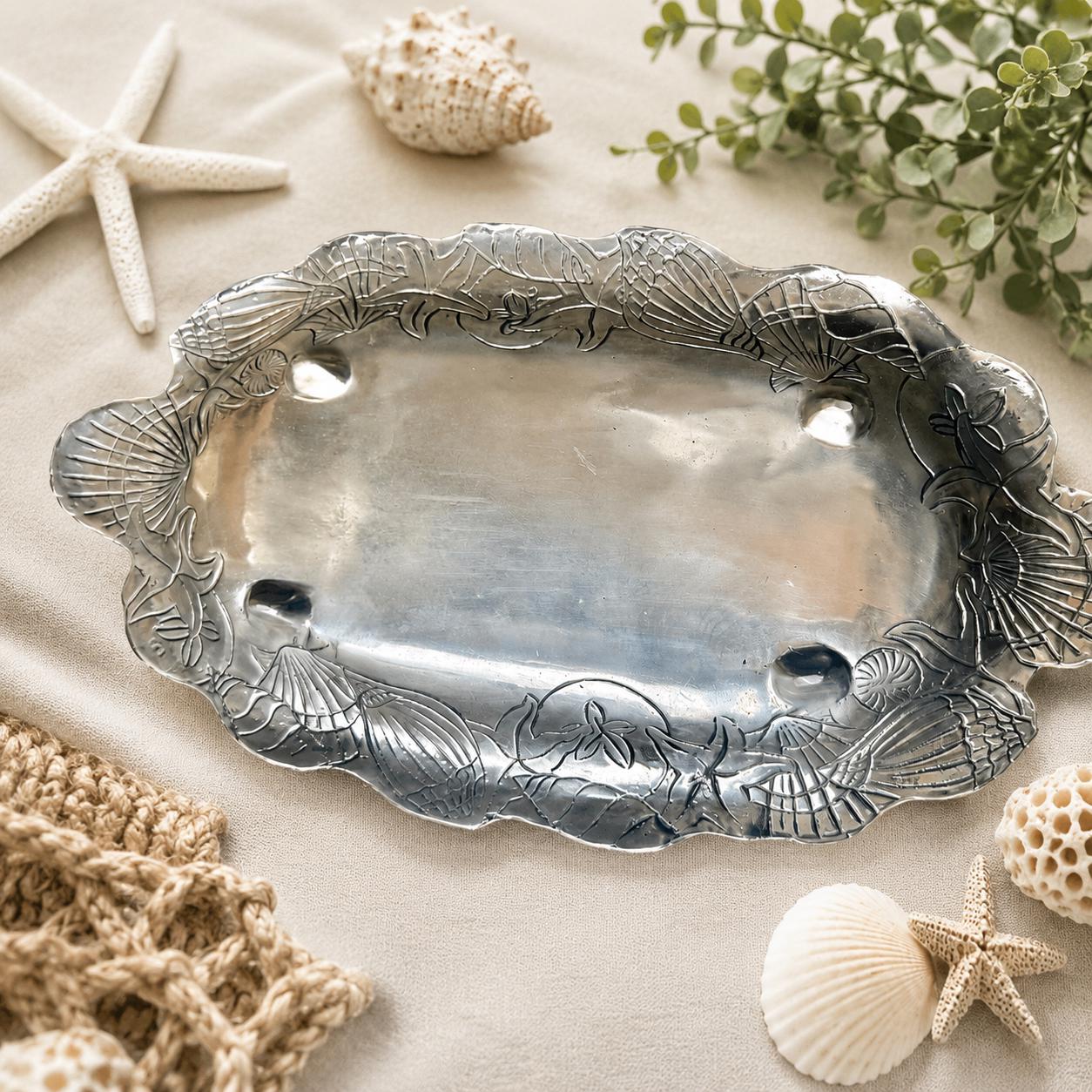 Mariposa Starfish & Scallop Shell Oval Platter | Coastal Aluminum Serving Tray | 18″