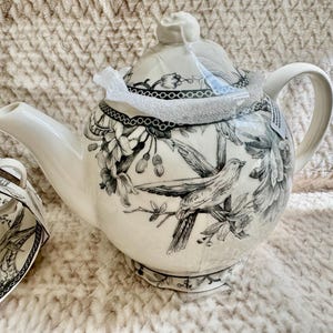 K&ouml;nnte beinhalten: Wei&szlig;e Keramik-Teekanne mit einem schwarz-wei&szlig;en Vogel- und Blumendesign. Die Teekanne hat einen gebogenen Ausguss, einen runden K&ouml;rper und einen passenden Deckel mit einem kleinen Knopf. Eine passende Untertasse und Tasse sind teilweise sichtbar.