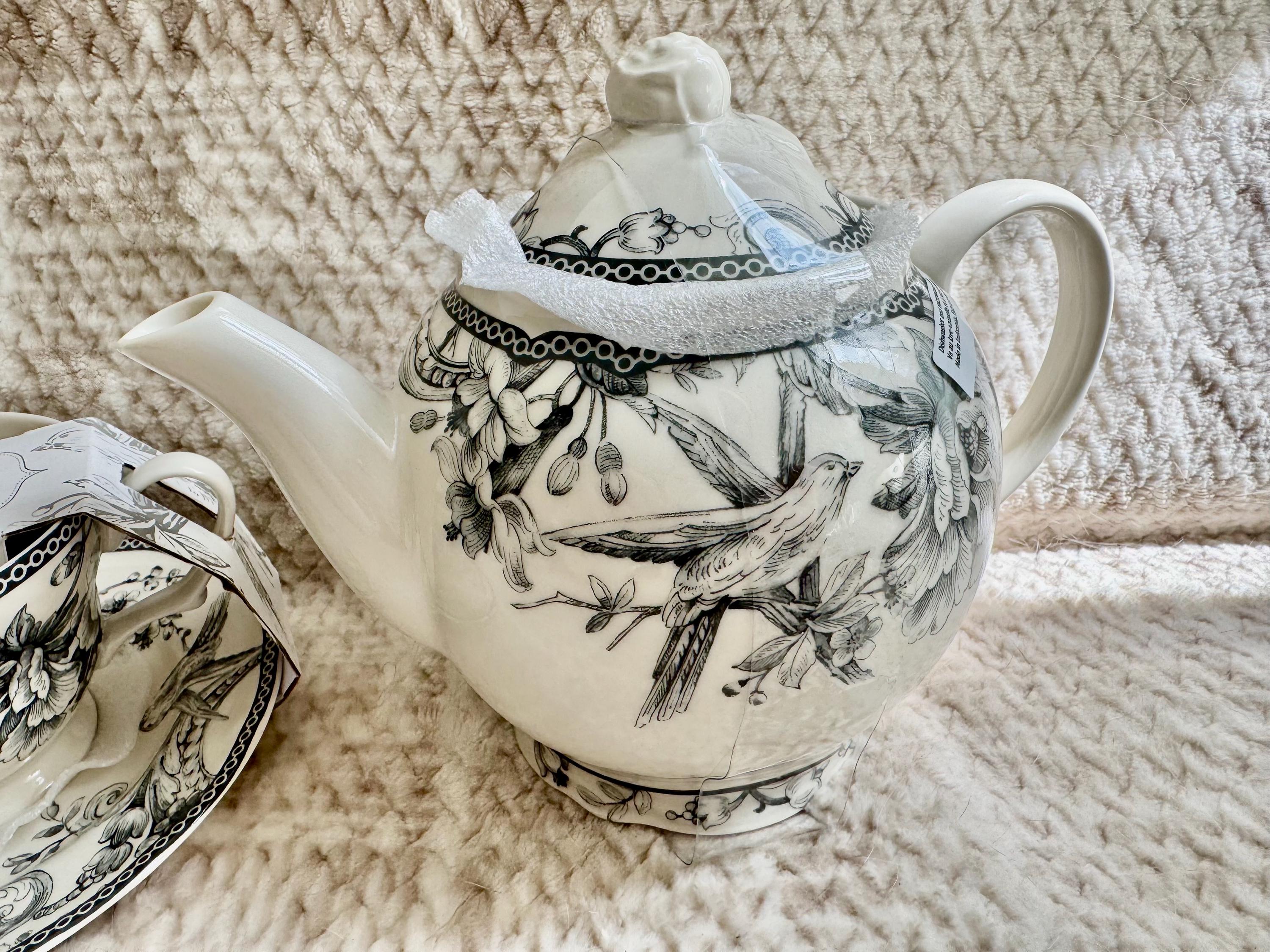 222 Fifth “Adelaide” Blue White Floral Bird Ironstone – Teapot or Cup & Saucer Set
