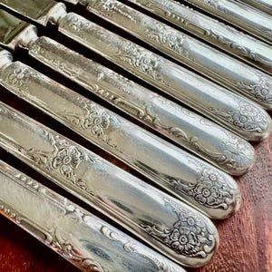 May include: A set of silver-plated knives with ornate floral designs on the handles. The knives are arranged in a row, with the handles facing the viewer.
