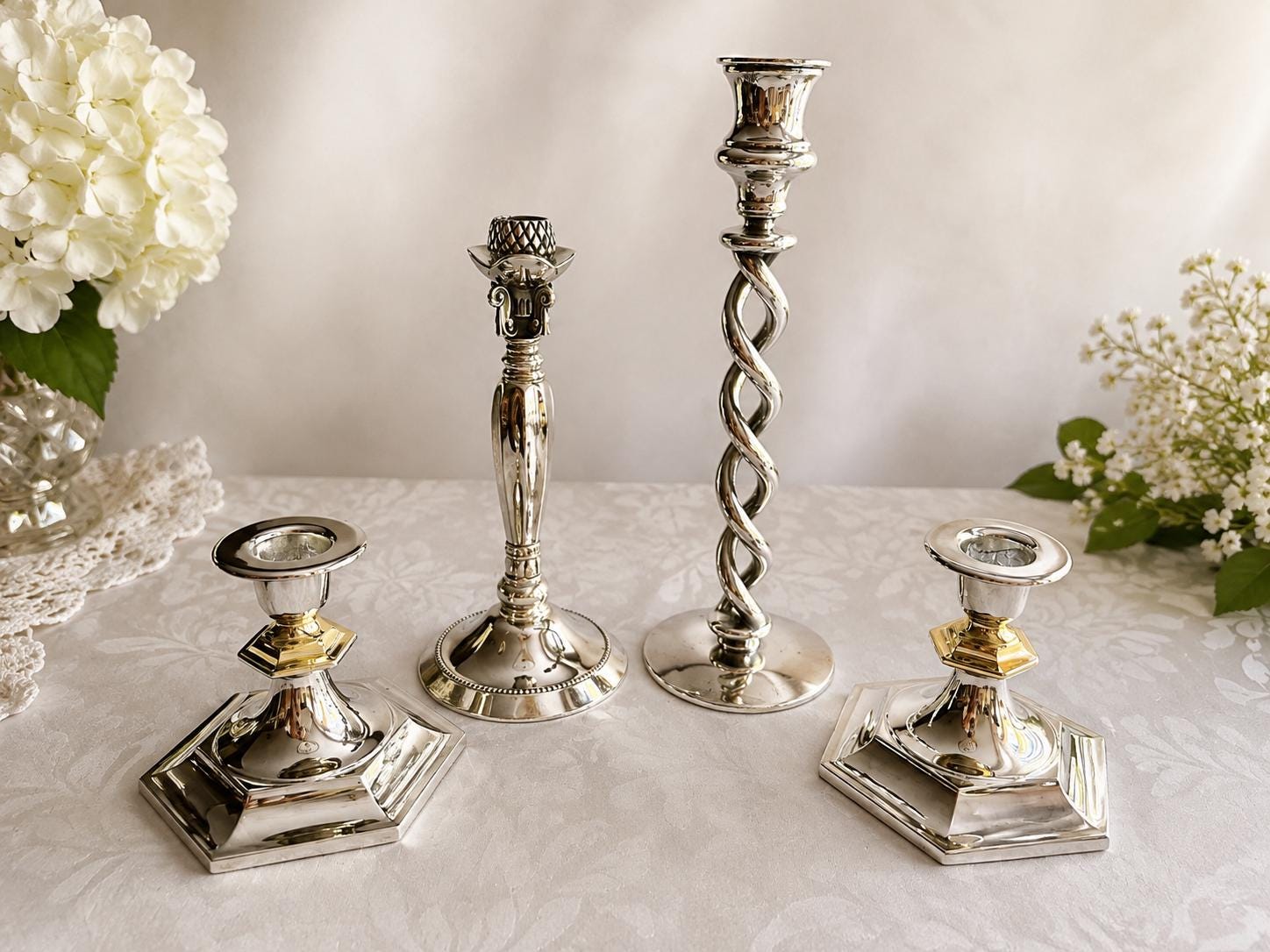 Vintage Candlestick Collection Set of 5 – Silverplate, Brass & Black Marble