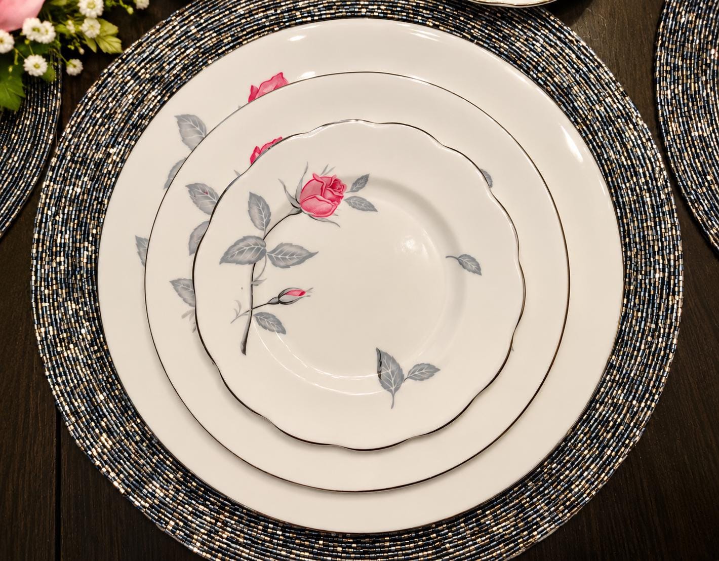 Vintage Royal Albert Trent Rose China | Dinner Place Setting, Tea Set & Serving Pieces | Pink Rose Silver Trim