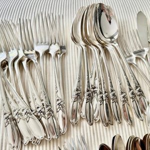 Op de afbeelding: Een verzameling antiek zilverwerk, waaronder vorken, lepels en messen, gerangschikt op een gestructureerd oppervlak. Het zilveren bestek heeft bloemmotieven op de handvatten. De lepels en vorken zijn in nette rijen gerangschikt.
