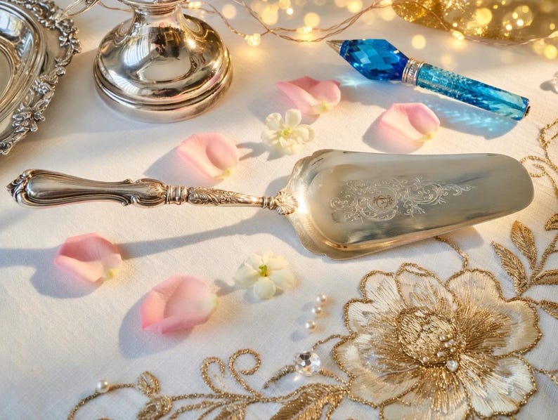 K&ouml;nnte beinhalten: Ein silberner Tortenheber mit einem verzierten Griff und floralem Design auf der Klinge. Der Heber ist von rosa Rosenbl&auml;ttern, kleinen wei&szlig;en Bl&uuml;ten und einem blauen Kristallstift umgeben. Eine silberne Servierschale und ein goldfarbenes Blumenmuster sind ebenfalls zu sehen.