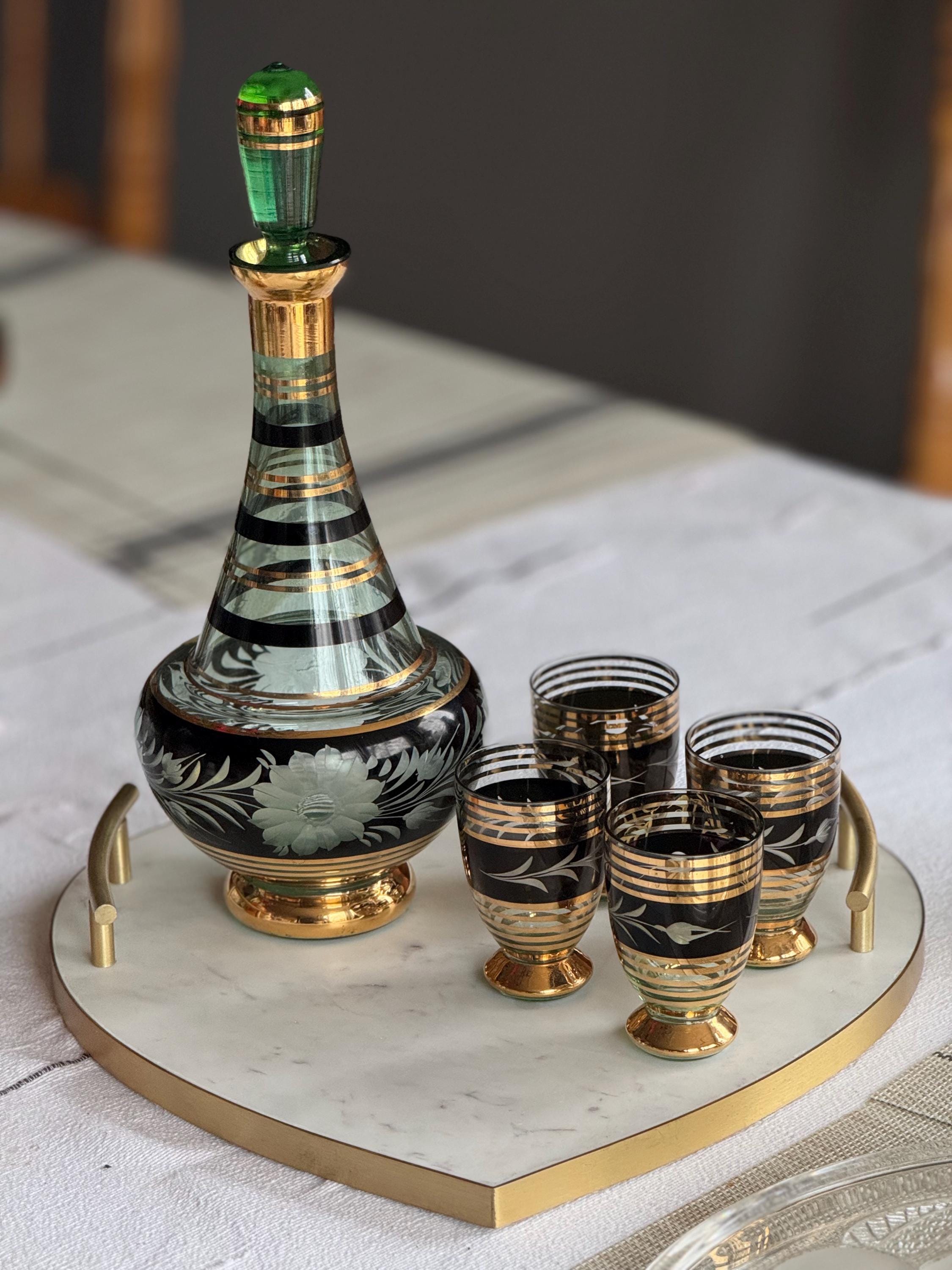 Vintage Bohemia Glass Decanter Set: Hand-Painted 22K Gold, Czechoslovakia