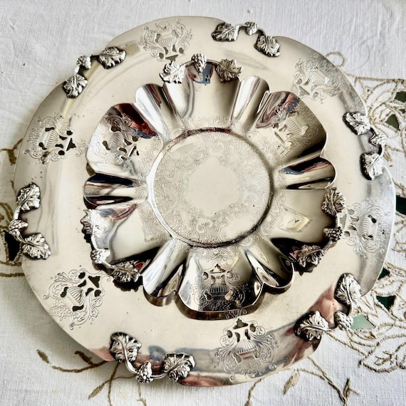 Vintage Coronet Plate EP Copper Trays Pair Silverplate Grape Vine & Floral Urn Platters