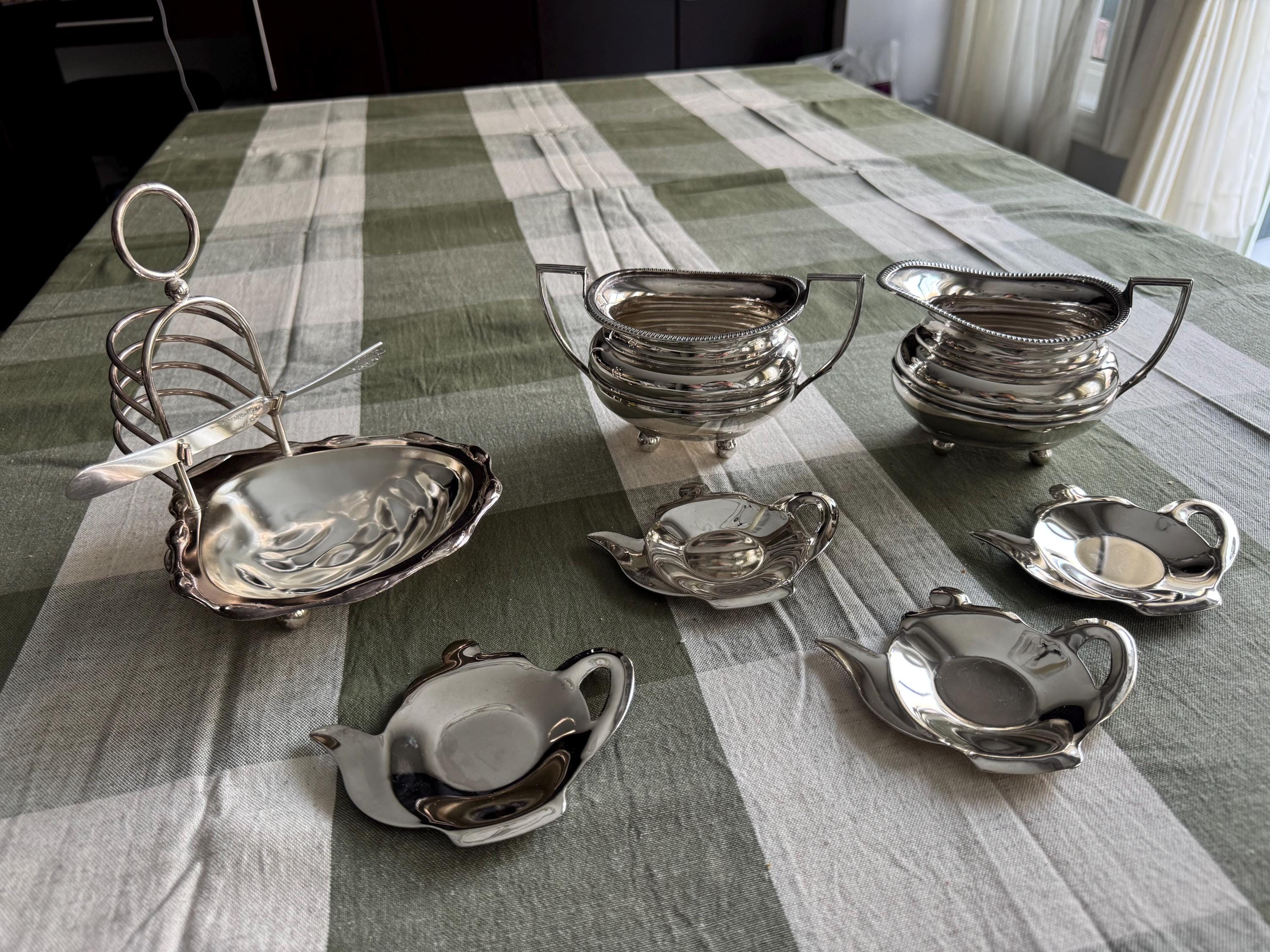 Vintage Silverplate Tea Accessories – English Toast Rack, Teabag Holder, Creamer & Sugar