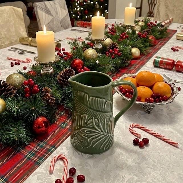 Green Ceramic Embossed Pitcher – Holiday Floral Display Vase - Made in Portugal