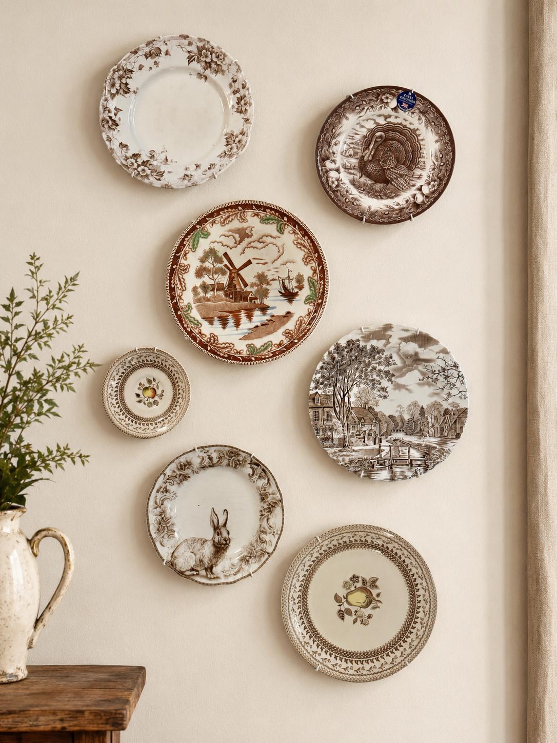 Vintage Brown Transferware Wall Gallery Plate Set or Oil Art —Cottagecore Wall Decor — 7 Plates