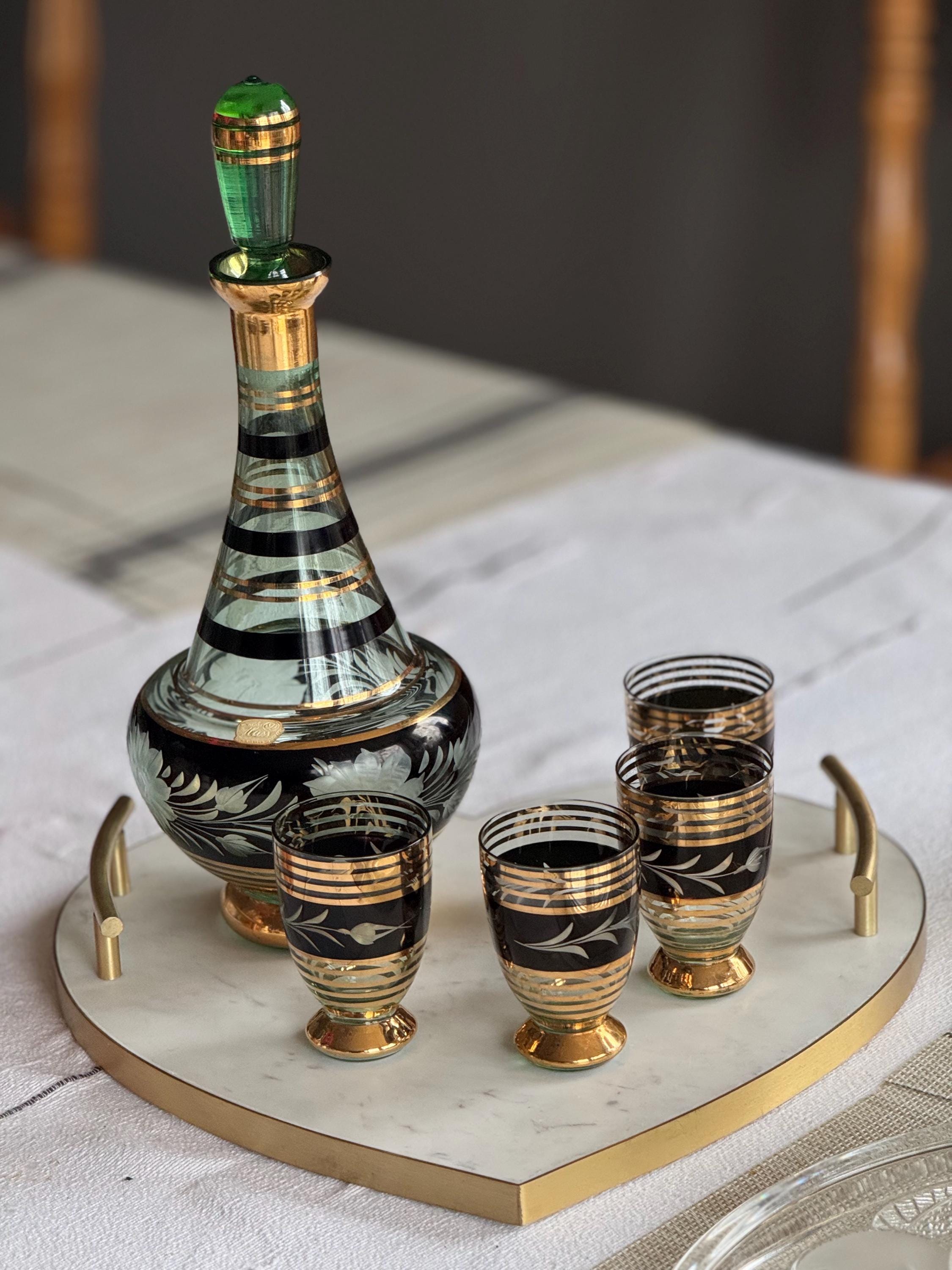 Vintage Bohemia Glass Decanter Set: Hand-Painted 22K Gold, Czechoslovakia
