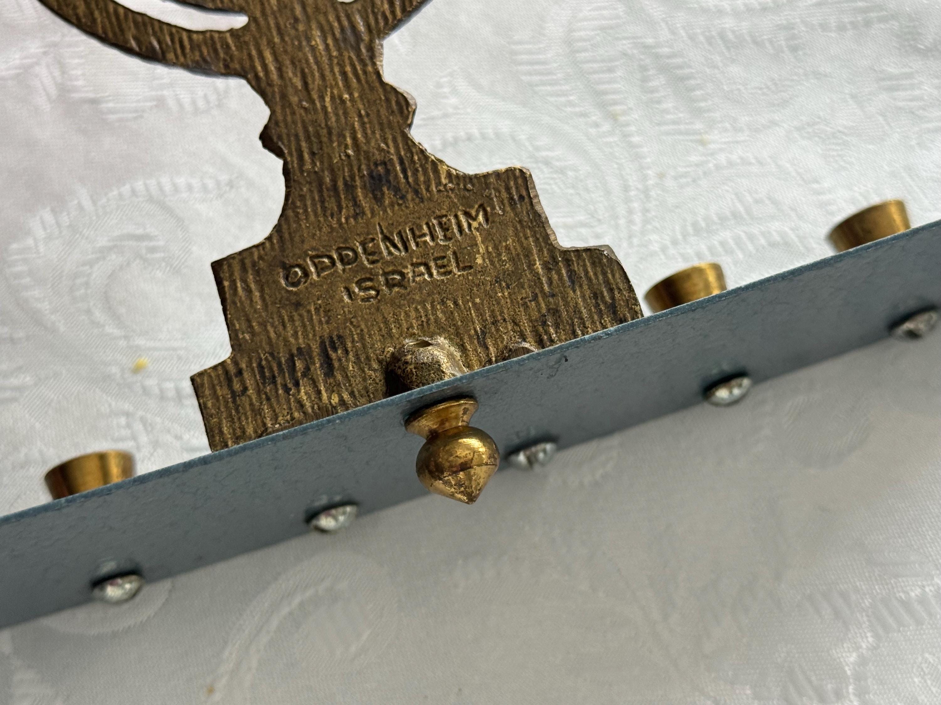 Vintage Oppenheim Israel Brass Menorah – Mid-Century Hanukkah Candle Holder – Blue Enamel Base – Judaica Collectible
