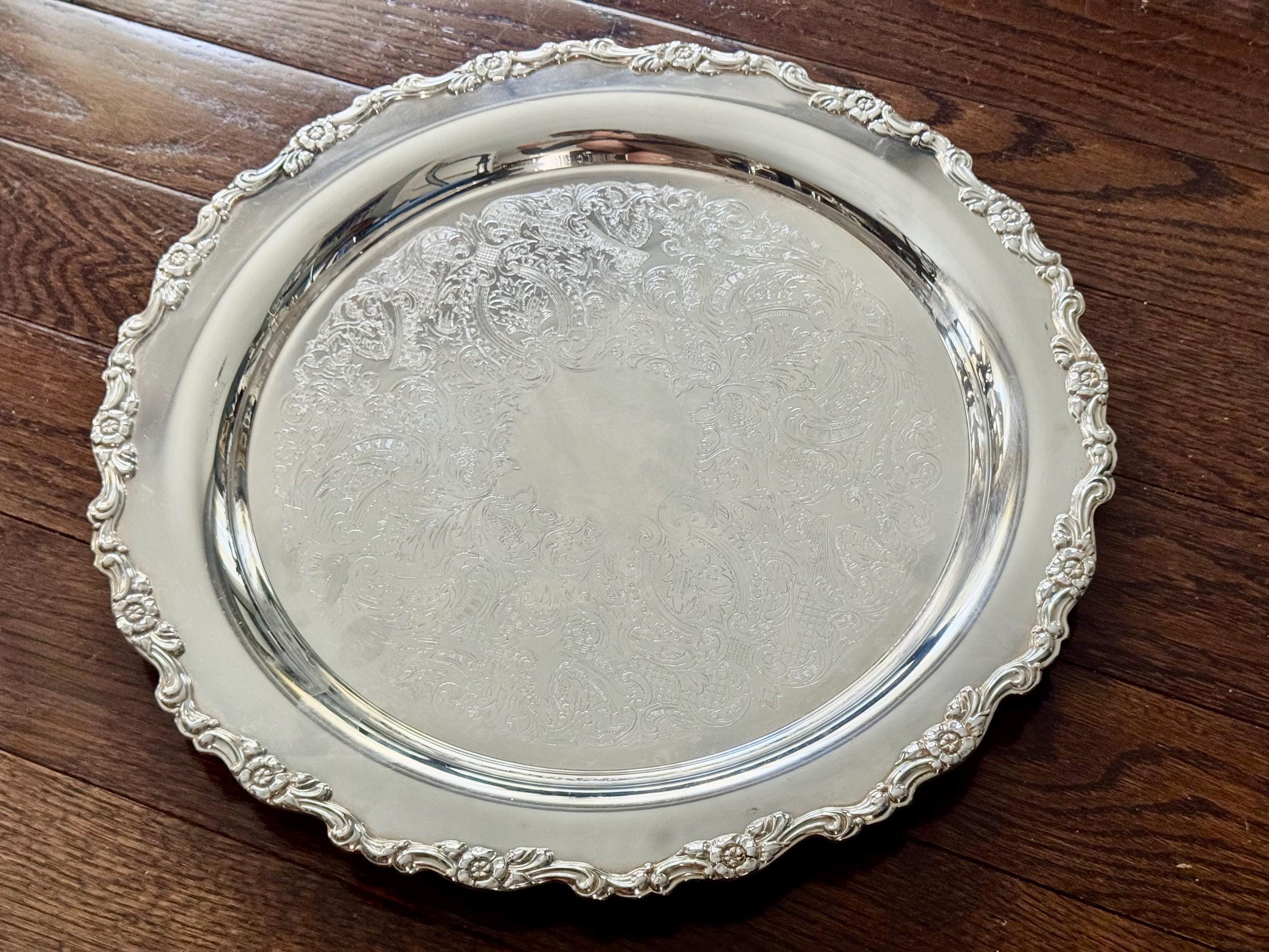 Vintage Oneida USA Silverplate Heavy Serving Tray | 15 1/4” Ornate Floral Round Platter