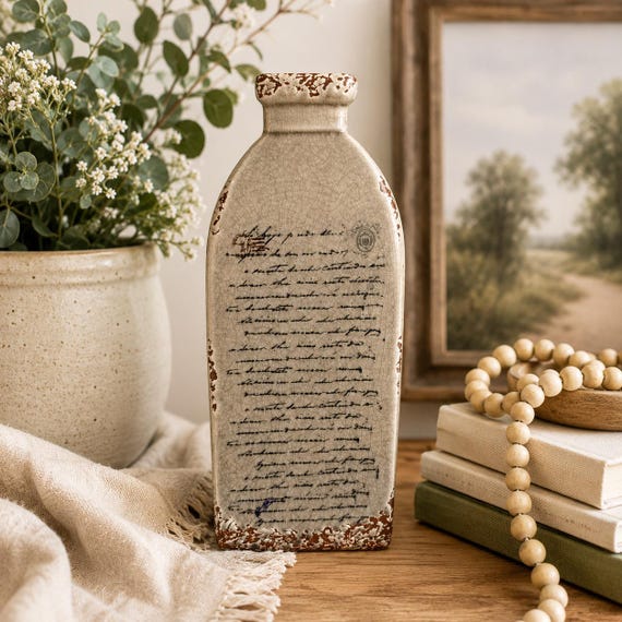 Vintage Rustic Crackle Glaze Ceramic Bottle Vase / Farmhouse Script Decor / Cottagecore Neutral Accent Piece