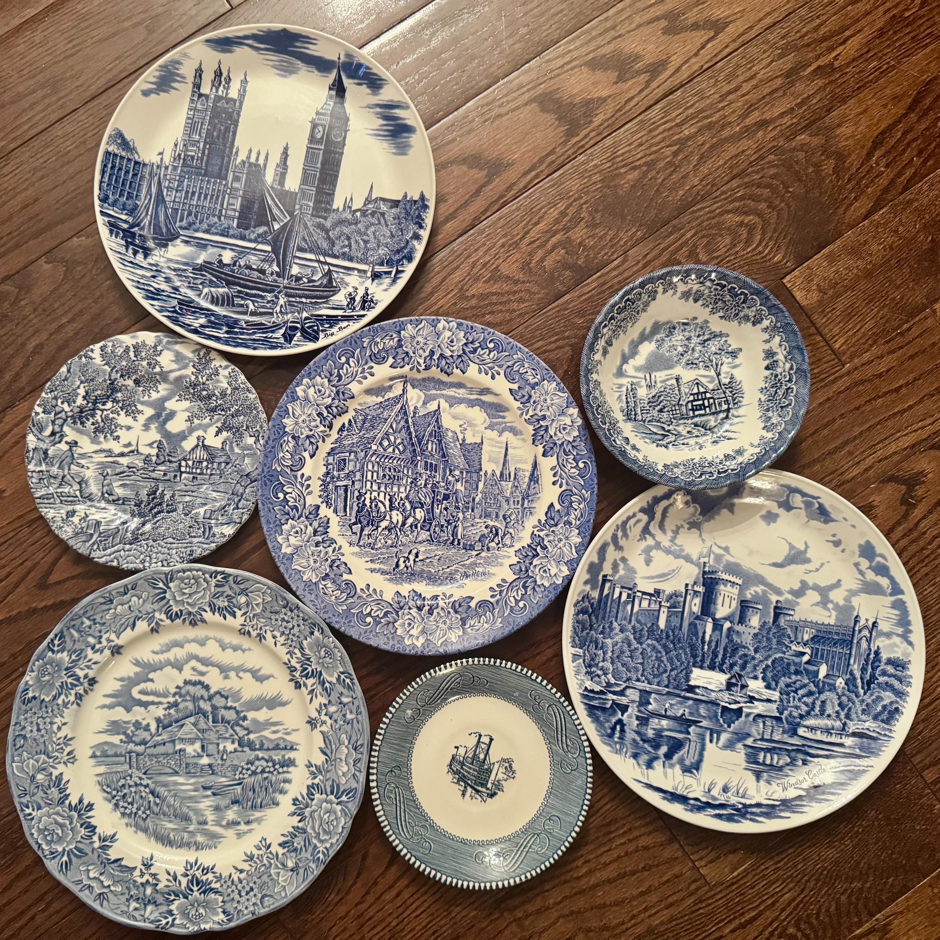 Vintage Blue & White Transferware Plates – English Countryside Scenes, Set of 7