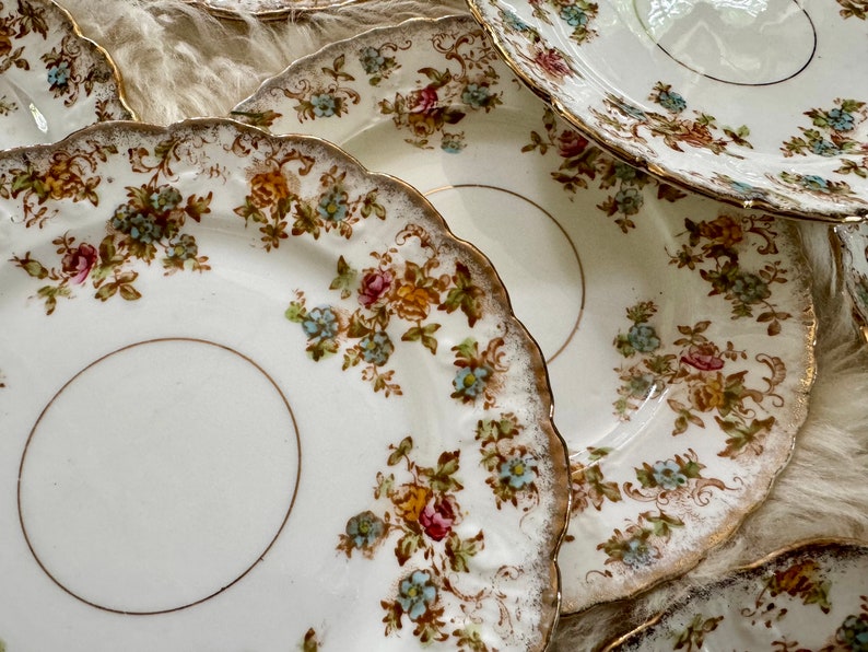 K&ouml;nnte beinhalten: Ein Set vintage Porzellan Teller mit floralen Mustern und goldenen Verzierungen. Die Teller haben einen gewellten Rand und sind &uuml;bereinander gestapelt.