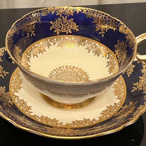 Two Colors Available: Vintage Double Warrant Paragon - Cobalt Blue w Gold or Light Blue shops - English Fine Bone China - Cup & Saucer