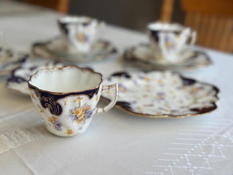Antique Royal Style Tea Trio – Cobalt Gold & Violets Bone China Set image 4