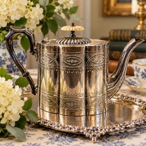 May include: A silver teapot with a scalloped, cylindrical body featuring intricate engraved floral and geometric patterns. It has a dark, curved handle, a matching silver lid with a cream-coloured finial, and a long, elegant spout.