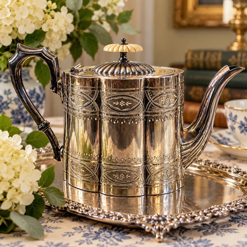Antique Victorian Silverplate Teapot — Ornate Engraved Floral Design — England bild 1