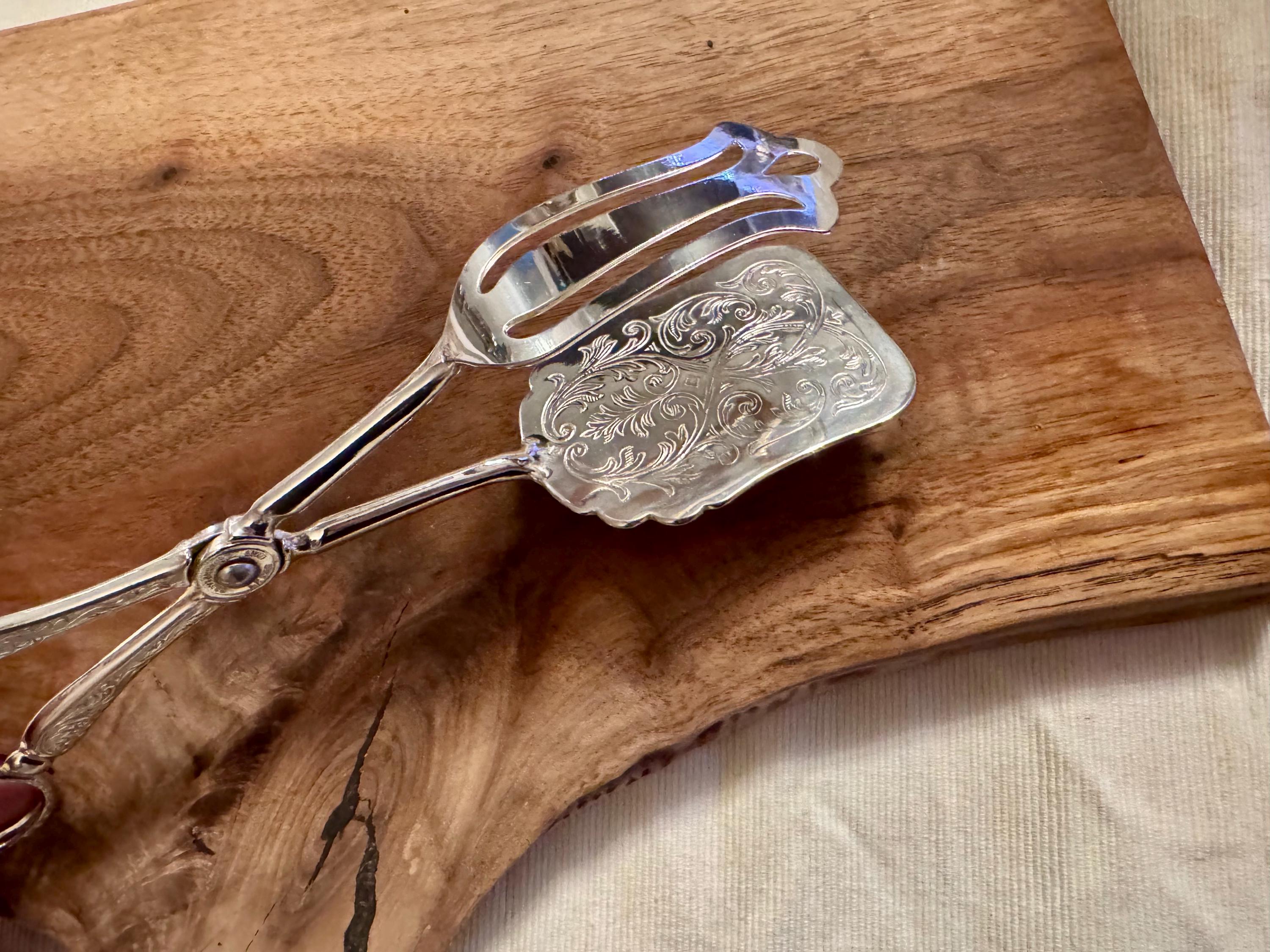 Vintage Silver Plated Scissors-Style Serving Tongs - Engraved Design