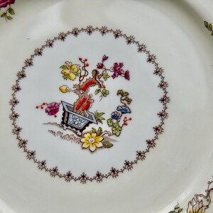 Puede incluir: Un plato de cer&aacute;mica blanco con un dise&ntilde;o floral. El centro del plato presenta un motivo floral estilizado con una planta en maceta en el centro. El plato tiene un borde festoneado marr&oacute;n.