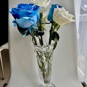 May include: A clear glass vase with a starburst pattern on the base and sides, containing a bouquet of vibrant blue and white roses. The roses have green stems and leaves, and the vase features a flared rim and a faceted, cut-glass design.