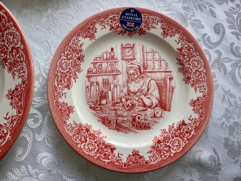 New Vintage Style Transferware - Red Christmas Plates - Christmas Eve Santa - Royal Stafford England image 4