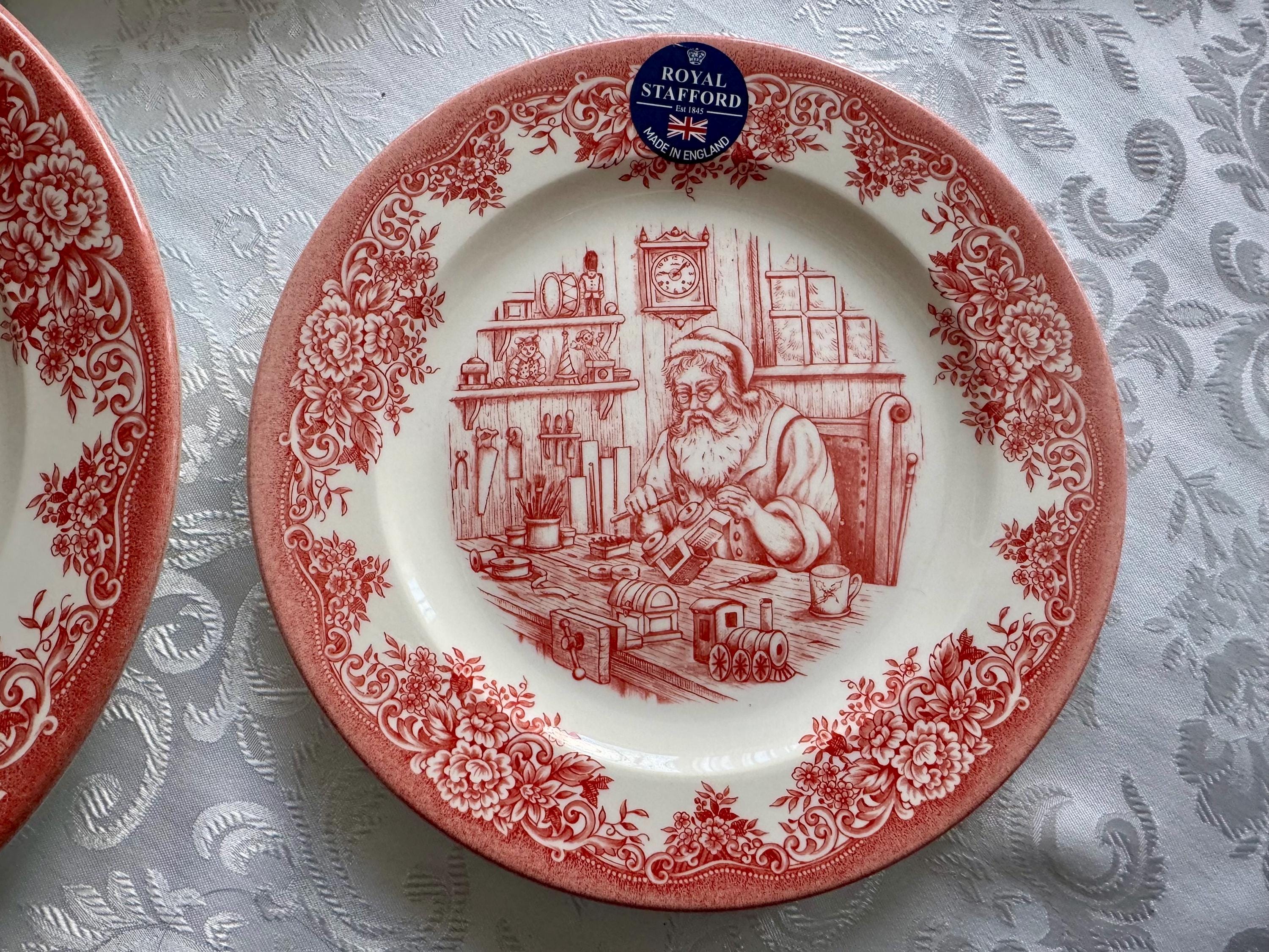 New Vintage Style Transferware - Red Christmas Plates - Christmas Eve Santa - Royal Stafford England