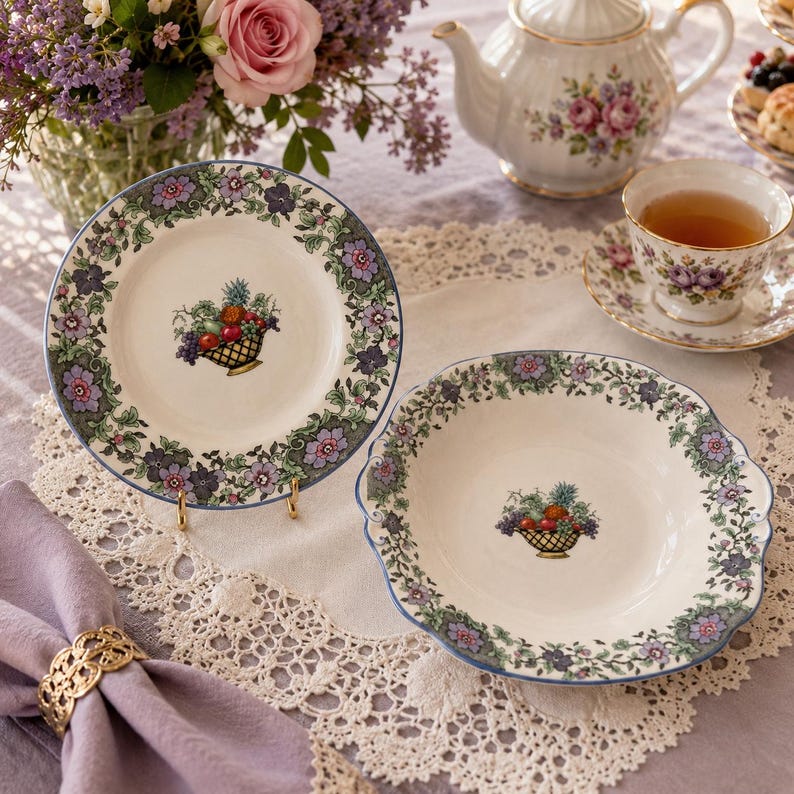 Vintage Cauldon China — Handled Cake Plate & 8 Dessert Plates — Made in England image 2