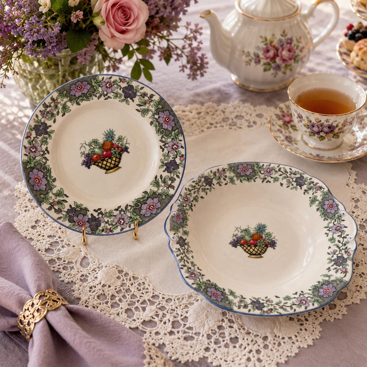 Vintage Cauldon China — Handled Cake Plate & 8 Dessert Plates — Made in England