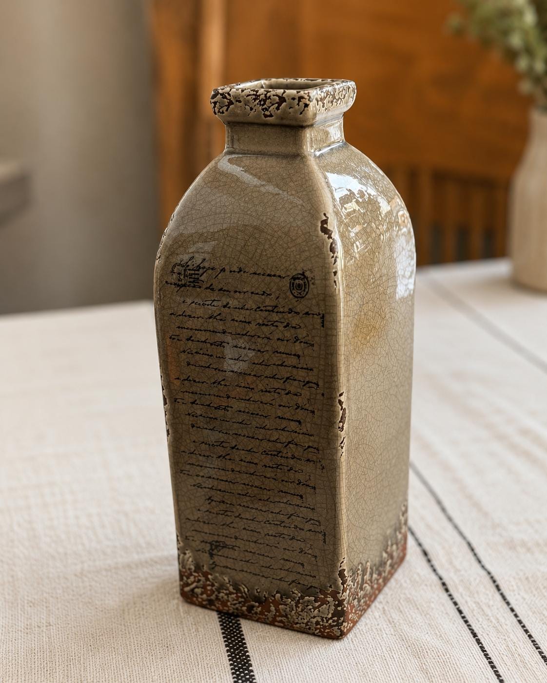 Vintage Rustic Crackle Glaze Ceramic Bottle Vase / Farmhouse Script Decor / Cottagecore Neutral Accent Piece 12”
