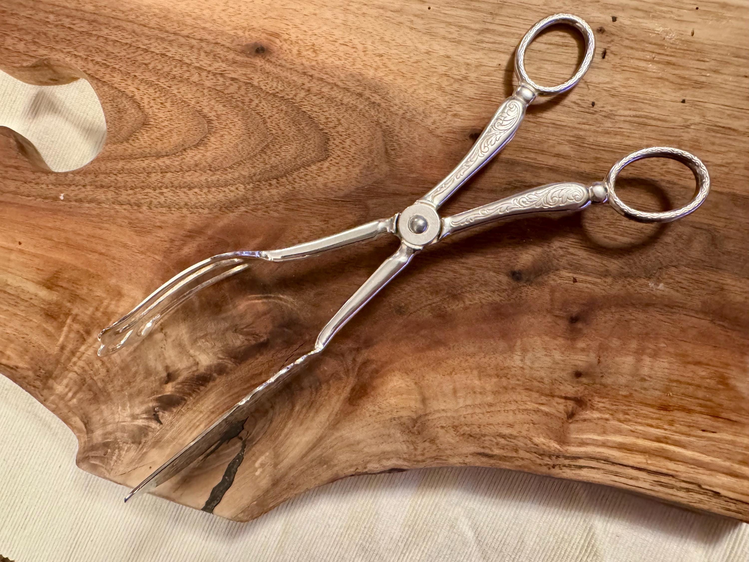 Vintage Silver Plated Scissors-Style Serving Tongs - Engraved Design