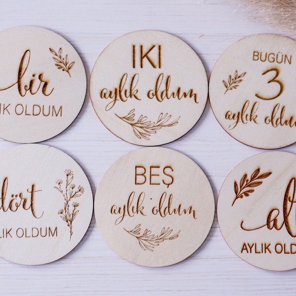 Holz Meilensteinkarten Baby auf Türkisch- 13 Meilensteine auf Holzscheiben als Geschenk zur Geburt für Schwangere, werdende Mütter