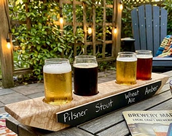 Drink flight with detachable chalkboard handcrafted from curly maple wood