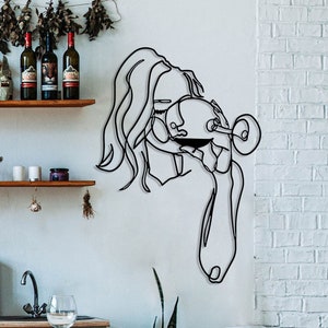 Minimalist Wine Lover Art,Woman With Glass of Wine,Modern Kitchen Decor,Feminine Wall Art,Modern Artwork,Metal Wall Hangings