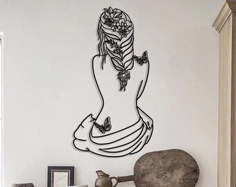 Woman With Butterfly Line Artwork,Minimal Woman Wall Art,Modern Art,Minimalist Decor Female Wall Art,Metal Wall Art,Elegant Room Decor